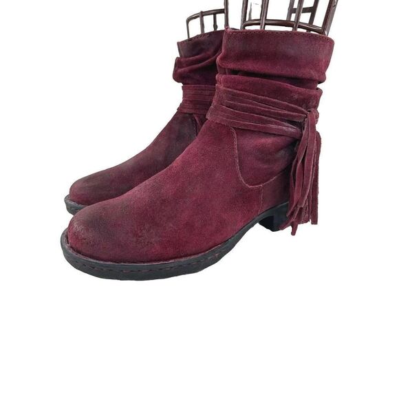 Born Womens Cross Red Suede Distressed Bootie US 7.5 Fringe Zip Up Ankle Boots - Picture 1 of 10
